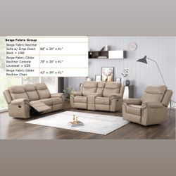New Beige Fabric Reclining Couch Set