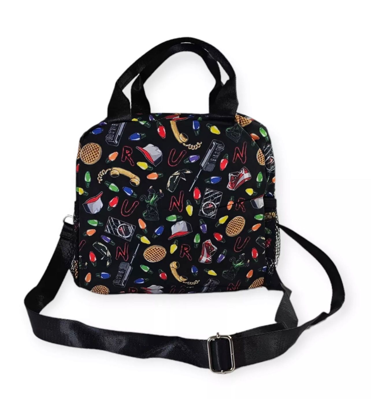 NEW IN SEALED BAG Stranger Things Lunch Tote - Black, with Stranger Things items Design, Adjustable Strap
