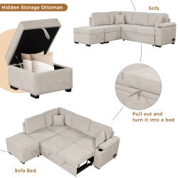 84.75 Sleeper Sofa Bed,2 in 1 Pull Out sofa bed L Shape Couch with Storage Ottoman for Living Room,Bedroom Couch and Small Apartment, Beige