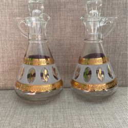 Vintage Hazel Atlas-Brockway Golden Foil Wheat Cruet Set Glass Oil and Vinegar
