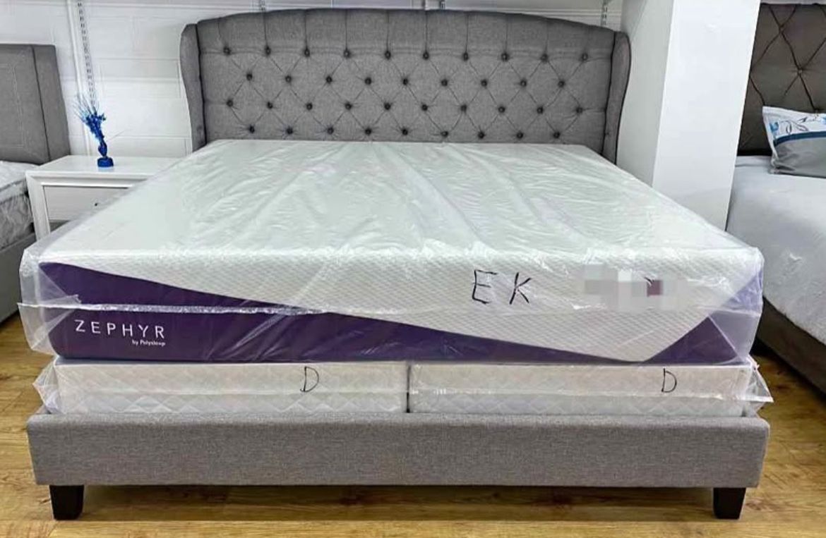 Brand new king size grey linen upholstered platform bed frame.