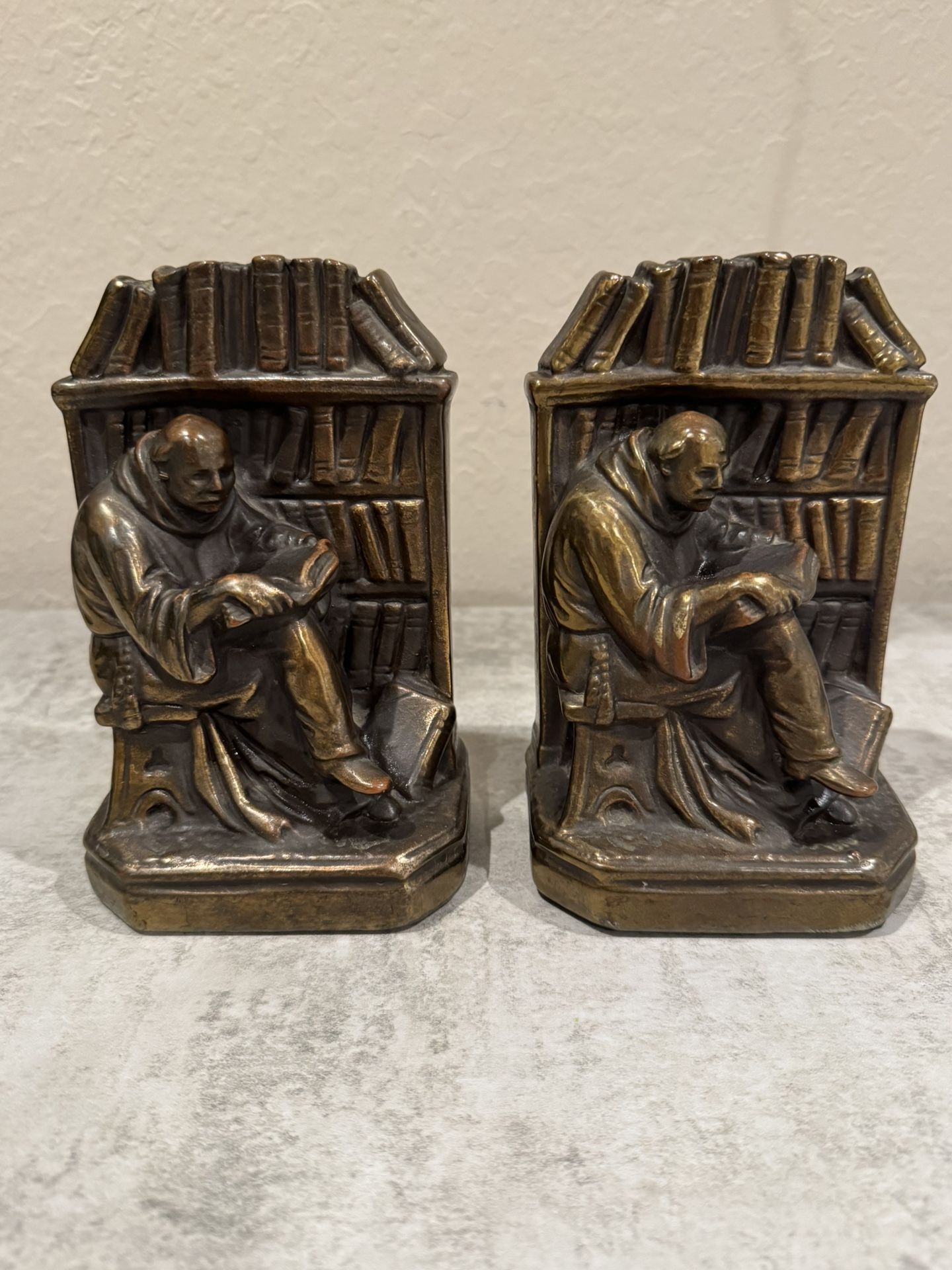 Vintage c1920s Monks Reading Bronze Clad Cast Metal Bookends
