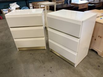 MILLENNIUM Vintage 80’s Postmodern White Lacquer 3 Drawer Nightstands with Brass Trim (Set of 2)