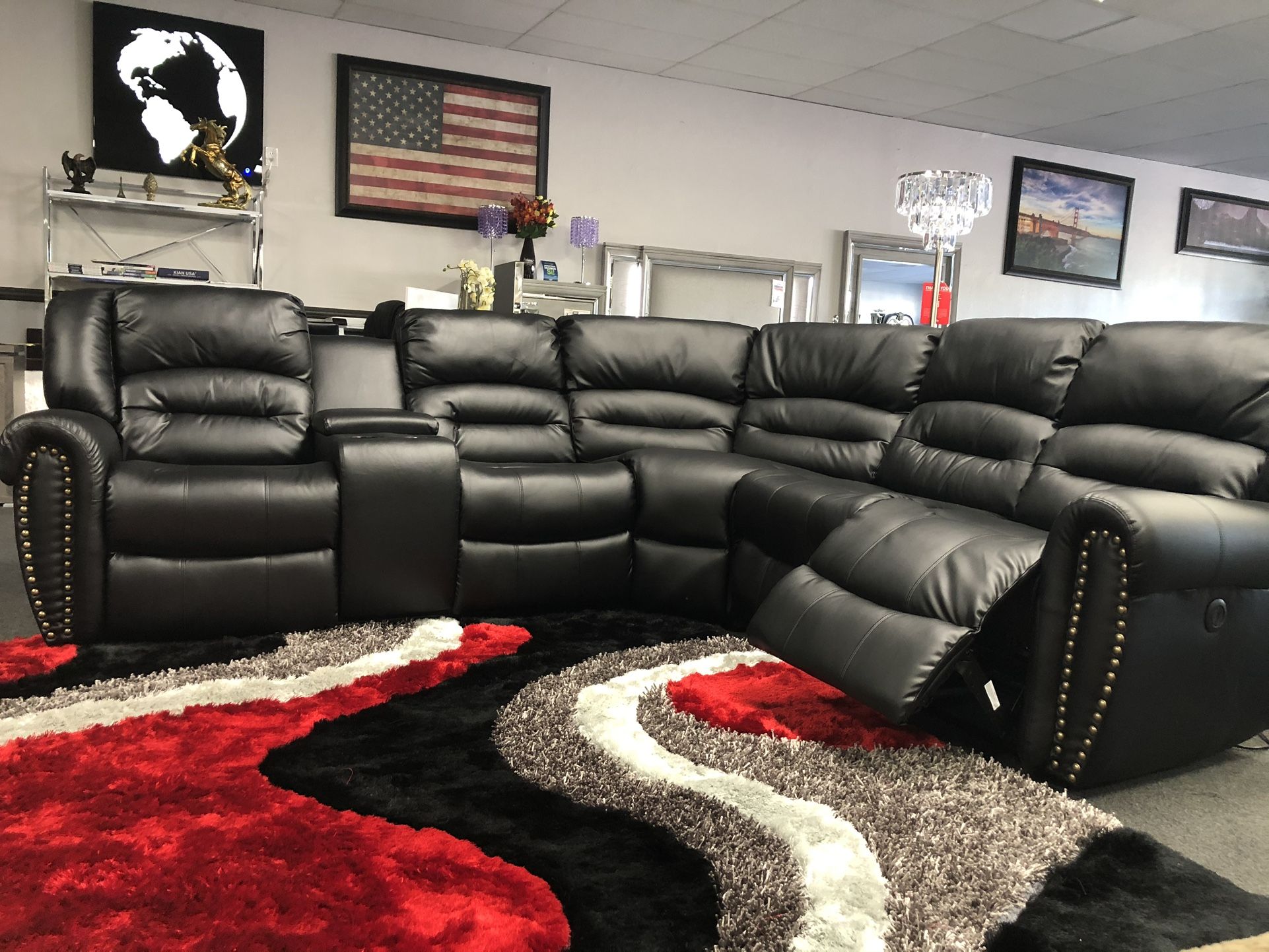 Black Leather Sofa Sectional 2x Recliners