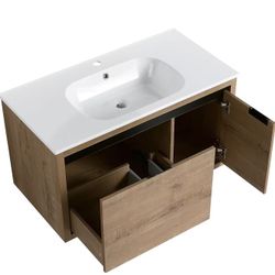 36'' Bathroom Cabinet with Sink Combo, Floating Vanity, Featuring White Resin Sink and Metal Hidden Handles, Faux Oak Plywood Design with Soft-Close D