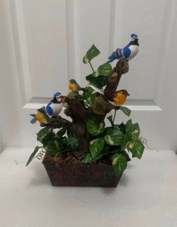 Handmade 17" Faux Bluebird & Robin Tree Stump Moss Planter Decor