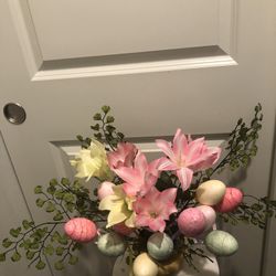 Easter flower arrangement in a gold vase and wreath, all for $10!