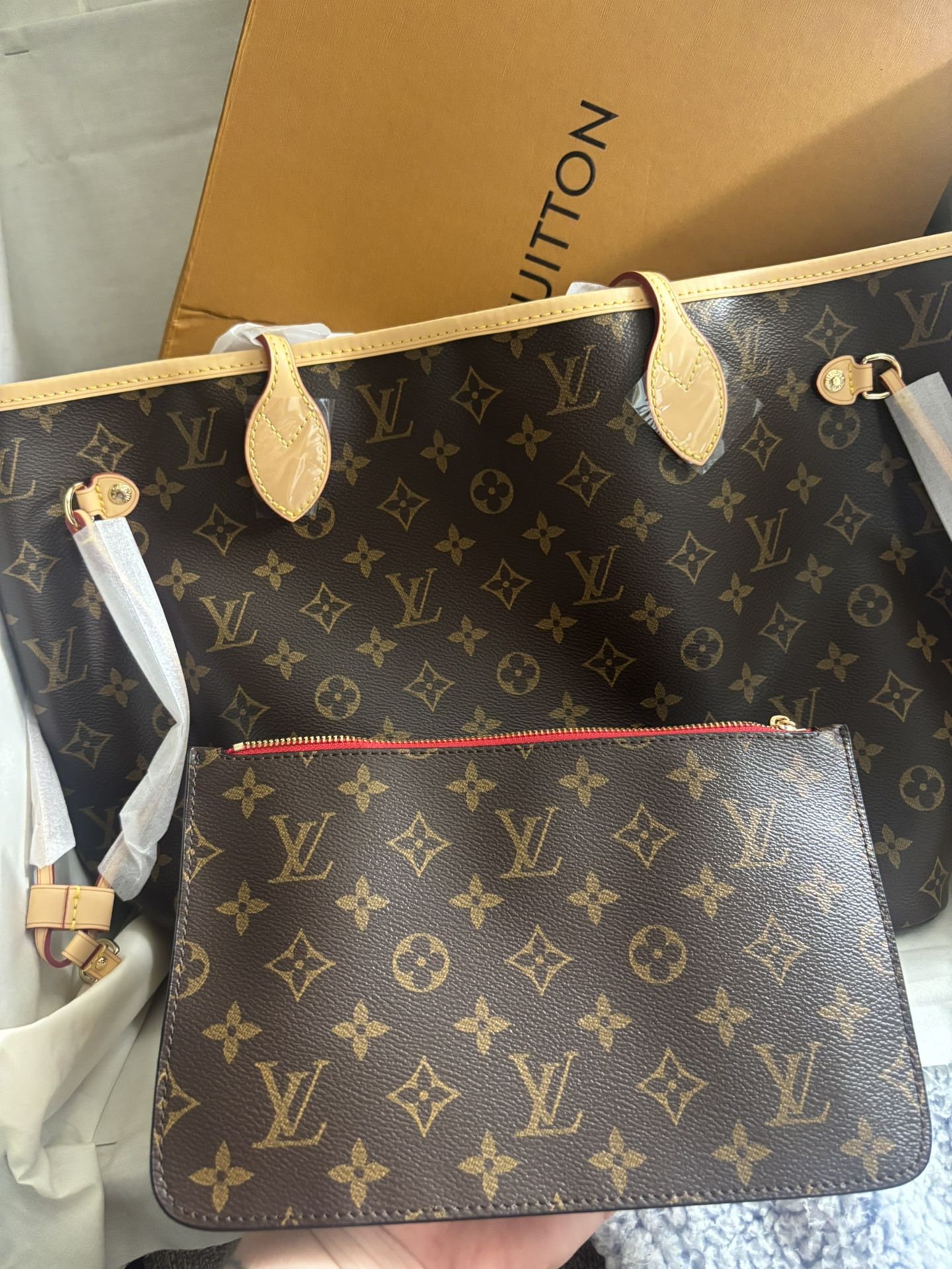  Neverfull MM Monogram Red Leather Shoulder Bag Handbag Purse Tote