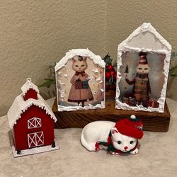 Christmas Small Wood House Cat Decor $5 Each / a small cat with Christmas hat $10