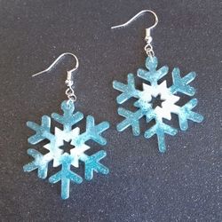 Sterling silver blue glitter and pearl white snowflake Christmas dangle earrings new