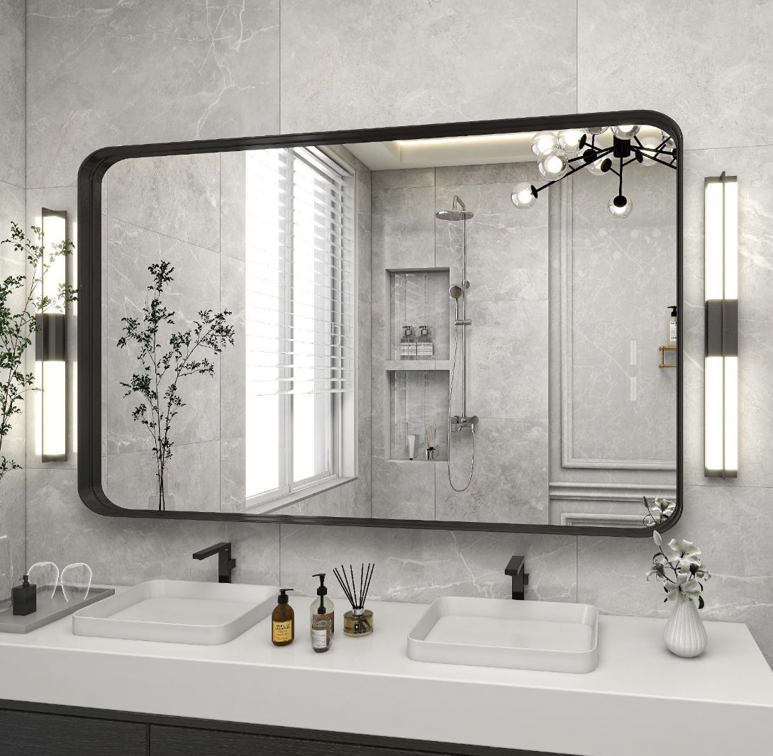 48” x 30” Large Rectangle Black Frame Mirror w/ Rounded Corners