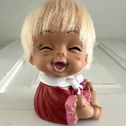Vintage 1960s Japan Happy Laugh Collectible Rubber Toy Moody Cutie Doll Red Dress  