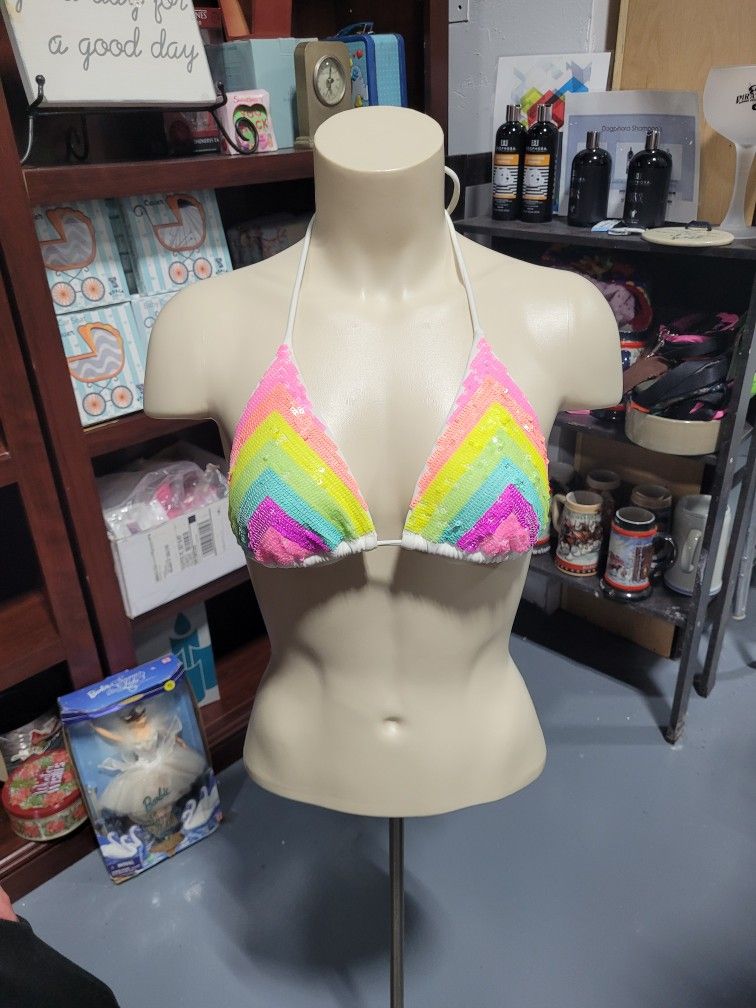 Victoria's Secret Swim Bikini Top White Rainbow Sequin Stripe Triangle Sz M