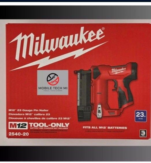 New, Nueva,  Milwaukee
M12 12-Volt 23-Gauge Lithium-Ion Cordless Pin Nailer (Tool-Only)