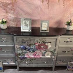 Beautiful French Boho Style Wooden Dresser or Credenza Colors Gray,silver,pastels has been Refurbished 