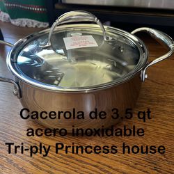 Cacerola De 3.5 Qt Acero Inoxidable Tri-ply 👉 Princess house todo Nuevo y con caja 📦
