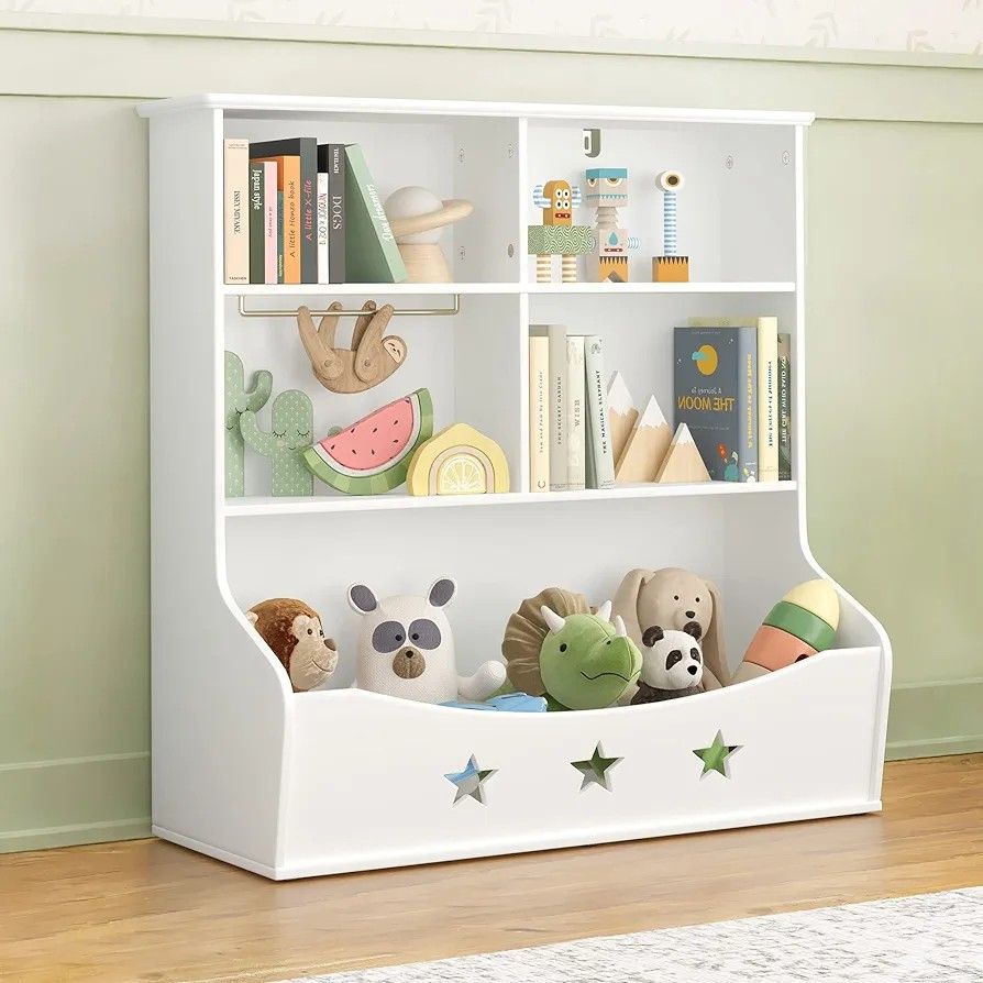 Kids Bookshelf, 3-Shelf Storage Bookcase,Large Wooden Open Book Shelf with 5 Cube Units, Star Pattern Toy Organizer and Storage Cabinet for Playing Ro