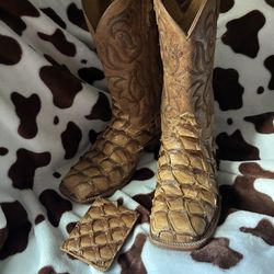Matching Cody James Fish Scale Wallet And Boots Size 91/2 D 