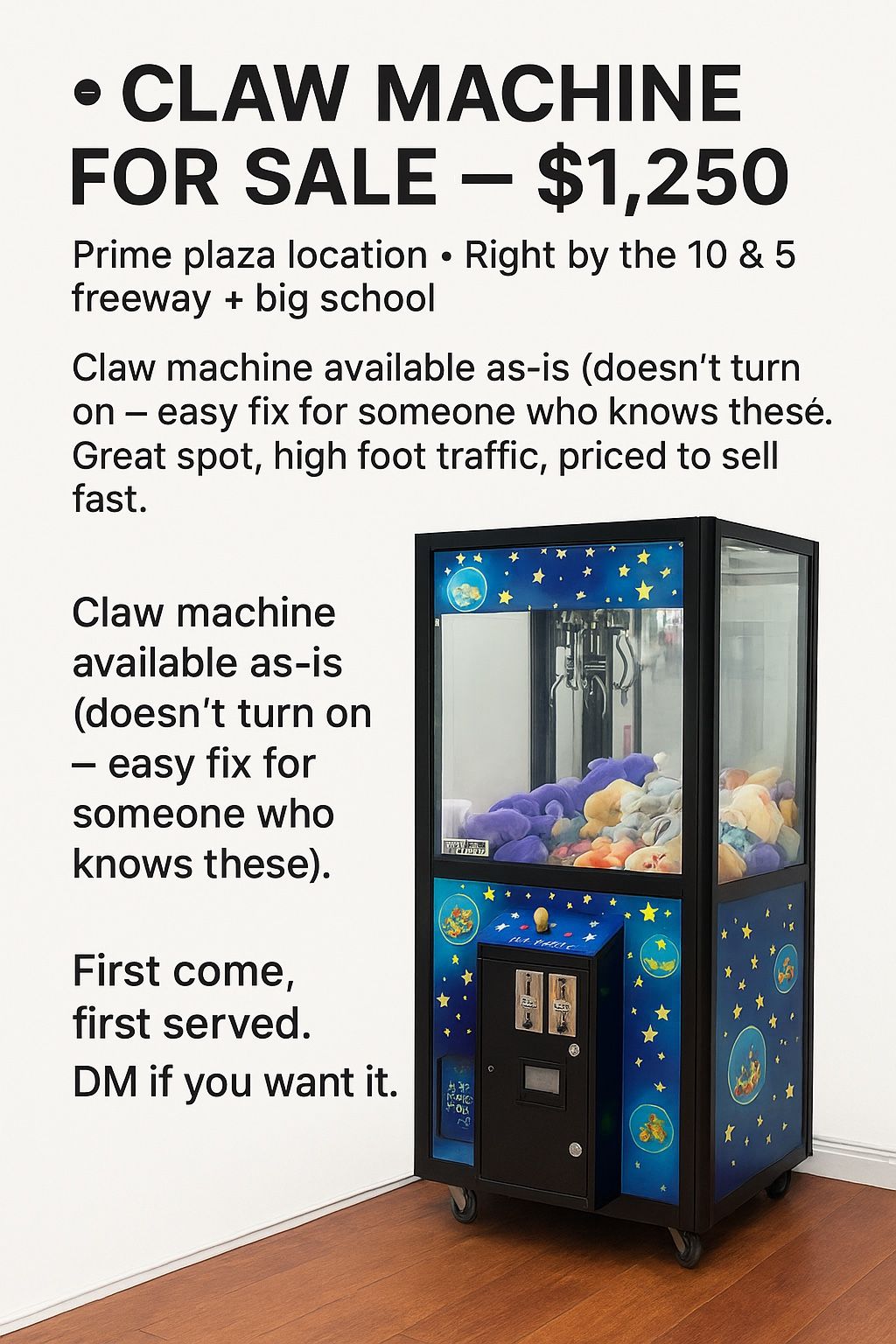 🎯 Claw Machine For Sale — Comes With Established Location! — $1,250