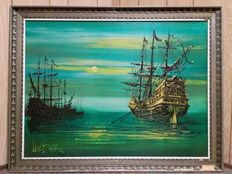 Mid Century Vintage Factory Art Lee Burr Pirate Ship Drip Painting *Project Piece*