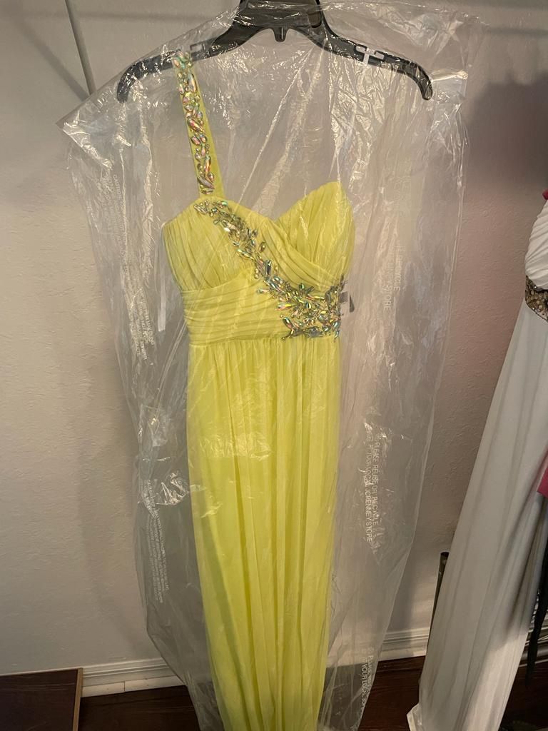 Lemon yellow long evening dress. New with tags. One-shoulder style with iridescent crystal detail.