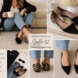 Crown Vintage Flats 6M Black Suede Noelle Leopard Calf Hair Pointed Toe D’Orsay