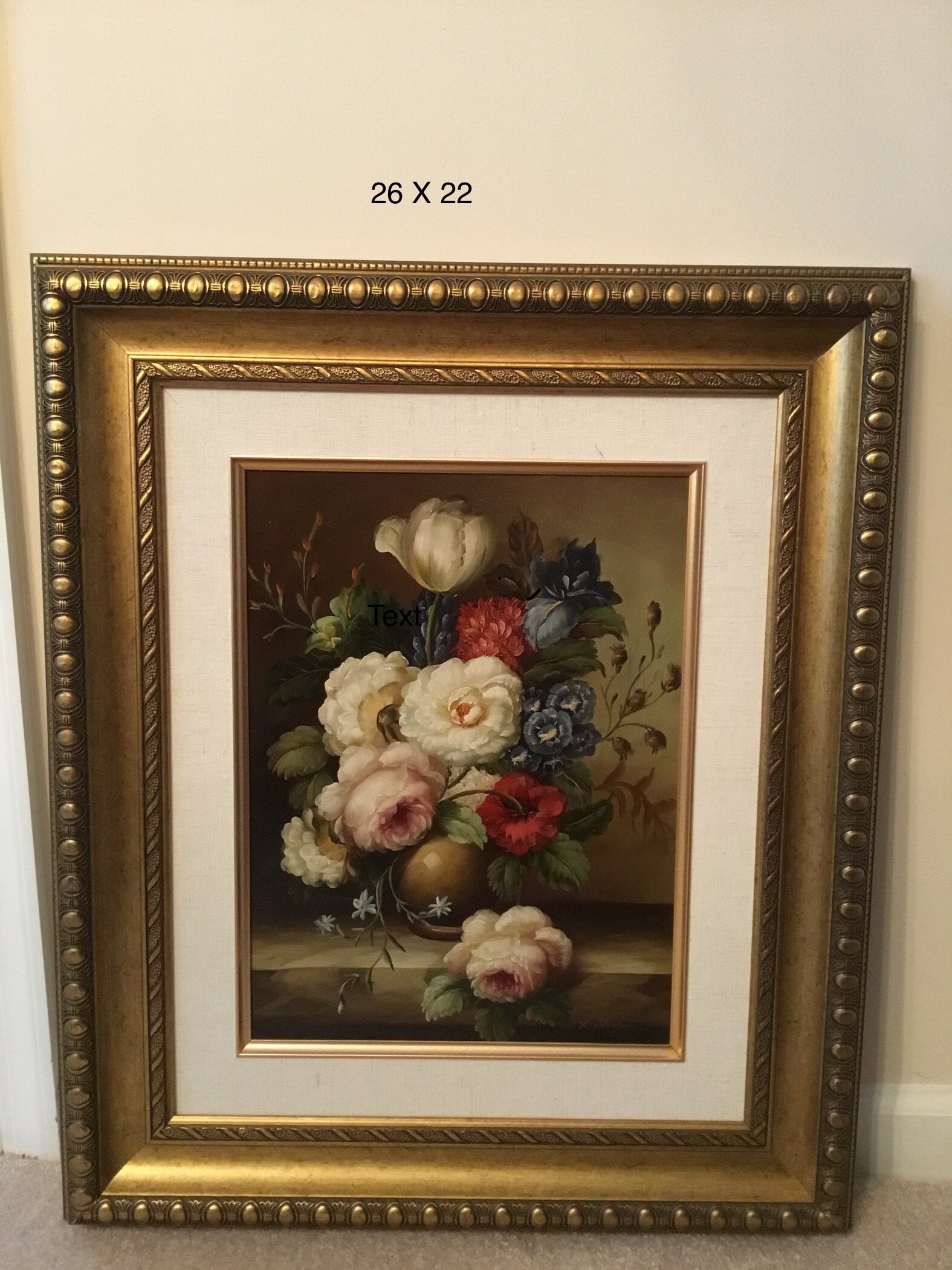 Textured Floral oil painting on canvas, in ornate gold frame, like new condition