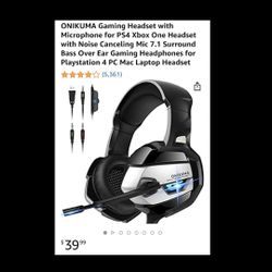 Gaming Headset w/Mic for PS4 Xbox One w/Noise Canceling Mic 7.1 Surround Bass Over Ear Gaming Headphones for Playstation 4/PC Mac Laptop