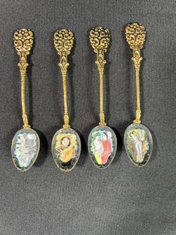 Antique Set of 4 Hand painted Enamel Gold/Brass Tone Saskia Spoons Made in Czechoslovakia