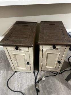 Wooden side tables with plug in outlets fully functional