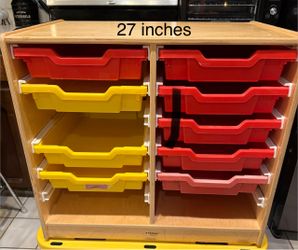 Wooden storage shelf with drawers