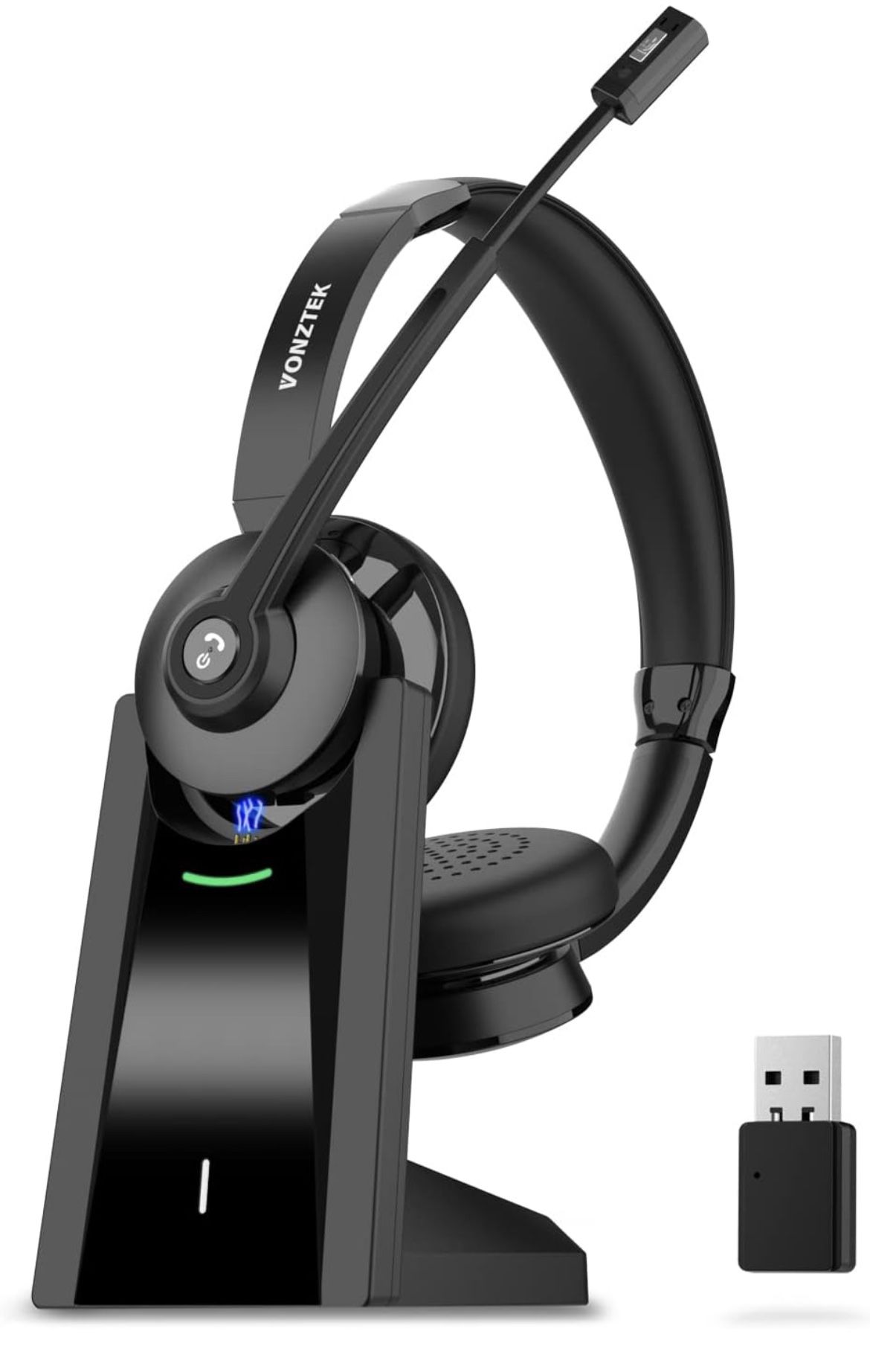 Vonztek Bluetooth Headset, Wireless Headset with Microphone Noise Canceling, On-Ear Headphones with Charging Base & USB Dongle, V5.0 Dual Connect Hand