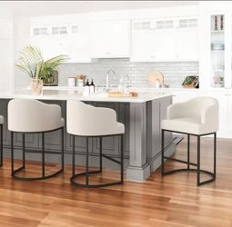 Set of 3 Beige 26in.Counter Height Fabric Upholstered Bar Stool Kitchen Island Stool With Metal Frame