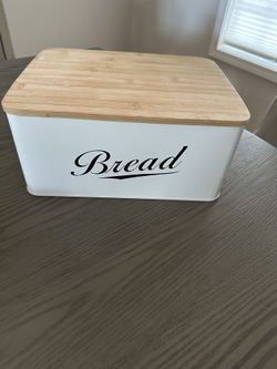 Royal House White Metal Bread Box with Bamboo Cutting Board Lid