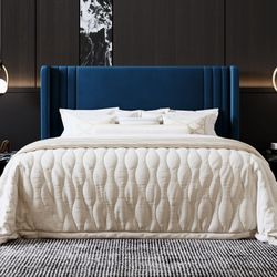 Queen Size Bed Frame, Velvet Platform Bed with Upholstered Wingback Headboard, No Box Spring Needed, Blue