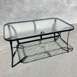 (New) $80 Rectangular 59x36x28” Outdoor Patio Metal Table Tempered Glass w/ Umbrella Hole