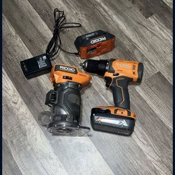 RIDGID 18V BRUSHLESS ROUTER, DRILL WITH BATTERY AND CHARGER