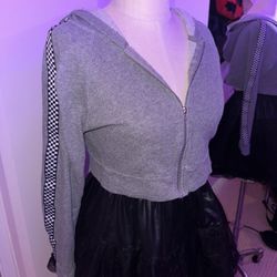 Stylish Grey Cropped Zipper Hoodie/Jacket  w/Checker Design (SIZE S)
