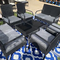 8 Piece Black Wicker Style Patio Furniture Set w/ Gray Cushions Included*Same Day Delivery*