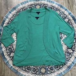 Lilla P Medium Green 100% Cotton Knit 3/4 Sleeve Cardigan and Tank Top Set