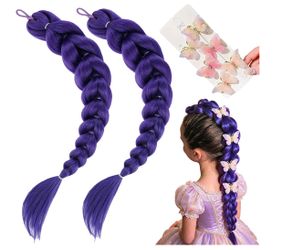 2 Pack 24 inch Purple Braids Ponytail Hair Extensions with Tie, 12 Hair Rings and 6 Butterfly Clips