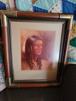 Framed Native American Portrait Print, Faux-Bamboo Frame with Brass Corners