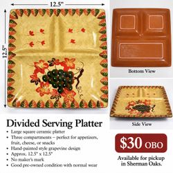 Large Ceramic Divided Serving Platter – Grapevine Design – $30 OBO