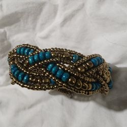 Bracelet Light Blue And Gold Beaded Nice Bracelet 