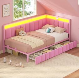Pink Twin Size Corner Bed Frame with Drawers