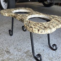 Luxury Bone-Shaped Granite & Wrought Iron Dog Feeder