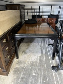 Vintage Burl Wood Dining Table with Black Trim