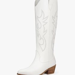 Ouepiano White Cowgirl Boots Women Cowboy Knee High Tall Boots Chunky Heel Pointed Toe Pull-On Western Wide Calf Boats Country Fashion