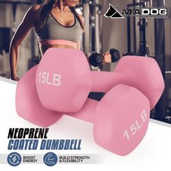 MADOG Set of 2 15 lb Neoprene Coated Workout Dumbbells, Non-Slip with Soft Grip, Hexagon Shaped Hand Weights, Pink