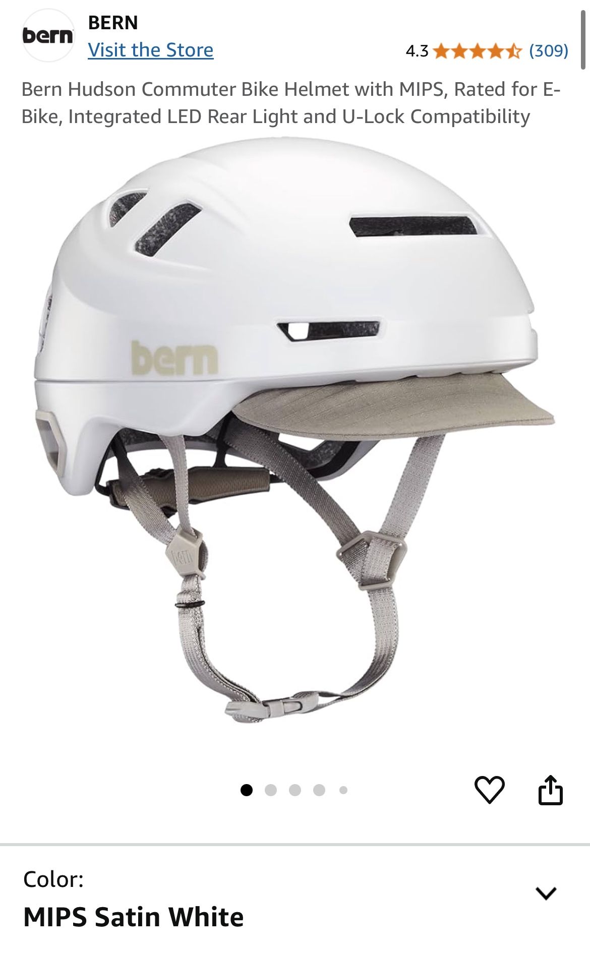 Bern Hudson Commuter Bike Helmet with MIPS, Rated for E-Bike, Size Small
